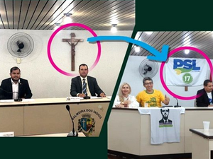 Imagem do Cristo Crucificado é coberta com bandeira do PSL, em Palmeira dos Índios