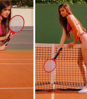 Jovem viraliza ao posar em quadra de tênis com raquete de matar mosquitos