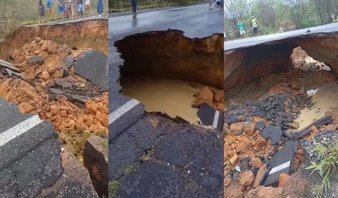 Cratera aberta pela chuva interrompe totalmente o tráfego no km 290 em Tucano, na Bahia