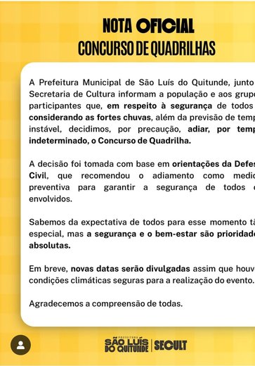 Concurso de Quadrilhas Juninas de São Luís do Quitunde é adiado