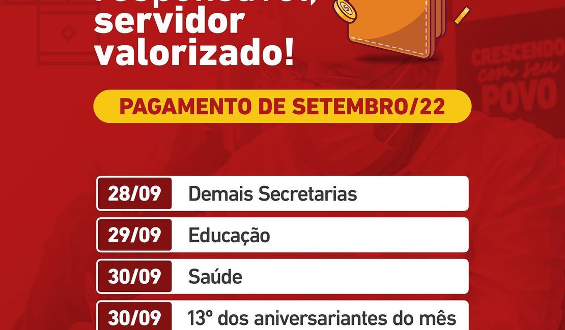 Prefeitura de Penedo divulga calendário do pagamento do salário de setembro