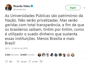 Ministro da Educação garante que universidades públicas não serão privatizadas