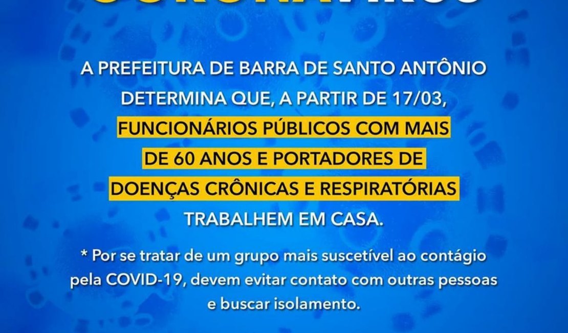 Barra de Santo Antônio determina teletrabalho para servidores acima de 60 anos