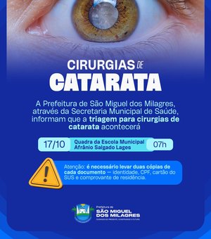 Prefeitura de São Miguel dos Milagres anuncia triagem para cirurgias de catarata