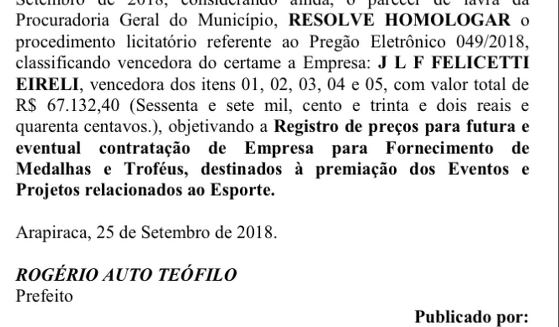 Prefeitura fecha contrato de 67 mil reais para confecção de troféus e medalhas 