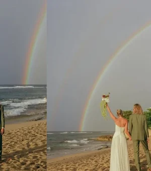 Noivos são surpreendidos por arco-íris duplo após forte tempestade