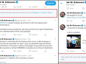 Twitter exclui dois posts do perfil de Bolsonaro por violar as regras da rede social
