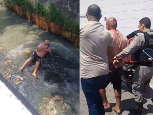 [Vídeo] Suspeito de roubo pula no Riacho do Sapo para fugir de espancamento