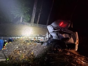 [Vídeo] Caminhão tomba em curva na BR-104 e deixa ferido em São José da Laje