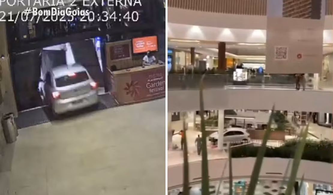 Carro invade shopping, atravessa corredor com clientes e destrói quiosque