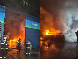 Incêndio de grandes proporções atinge oficina e destrói cinco carros em Arapiraca