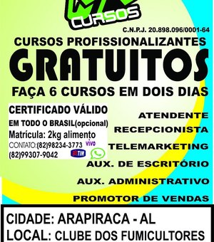 Cursos profissionalizantes são ofertados gratuitamente pela VC Cursos em Arapiraca