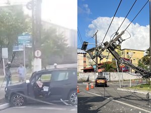 [Vídeo] Jeep invade contramão, bate e deixa poste pendurado por fios na Av. Dona Constança