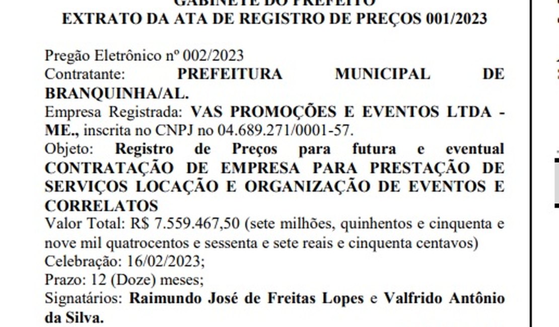 Prefeitura de Branquinha anuncia gasto de mais de R$ 7,5 milhões com empresa de eventos