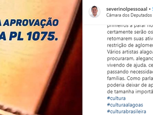 Nas redes sociais, deputado comemora aprovação do projeto que destina R$ 600 aos artistas