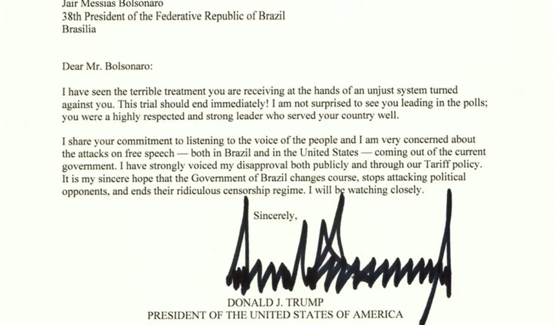 Em carta a Bolsonaro, Trump defende fim imediato de julgamento do STF