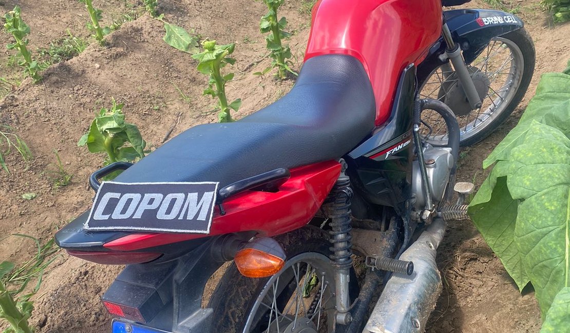 Moto roubada é abandonada em plantação de fumo em Arapiraca