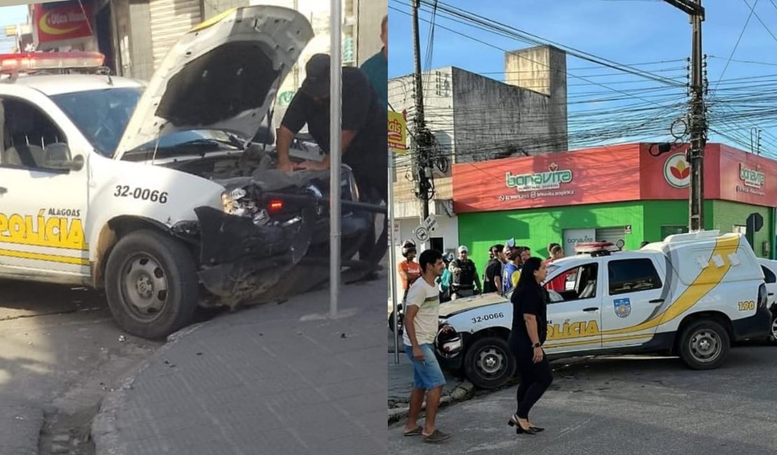 Viatura da PM colide com outro veículo no Centro de Arapiraca; mulher é socorrida pelo Samu