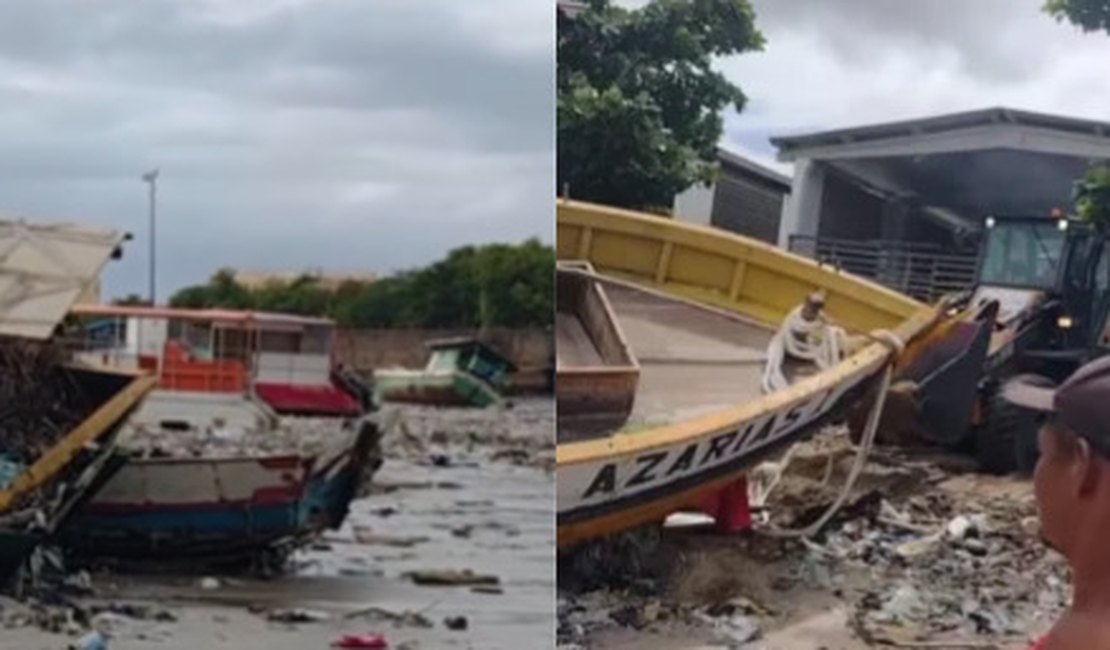 Ressaca do mar arrasta embarcações e danifica calçadão em Maceió
