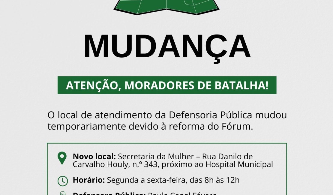 Defensoria Pública de Alagoas altera local de atendimento em Batalha durante reforma do Fórum