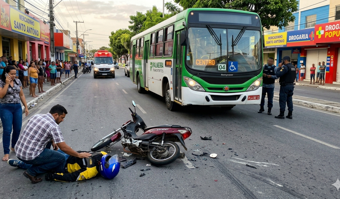 Colisão entre ônibus e ‘cinquentinha’ deixa motociclista desorientado em Palmeira