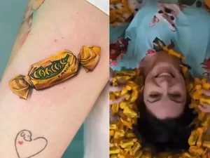 Mulher tatua bombom Caribe no braço e ganha 10kg de chocolate
