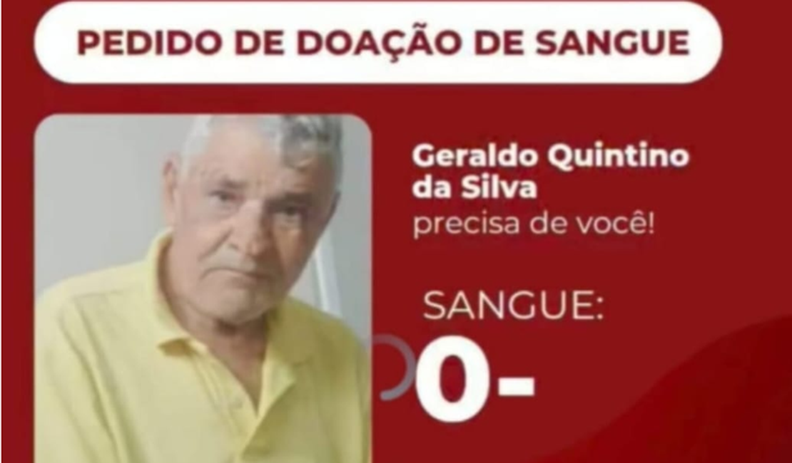 Família pede doação de sangue O- para idoso internado em Coruripe