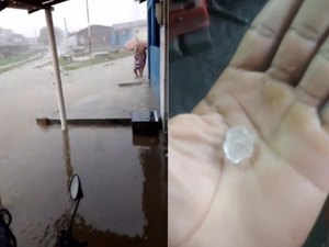 Moradores registram ruas alagadas e chuva de granizo em Cajueiro