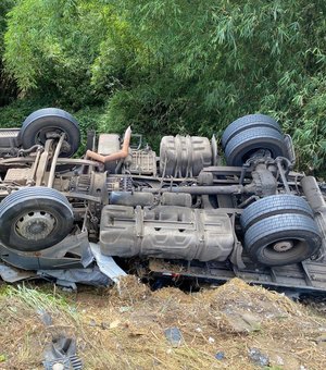 Caminhão fica com pneus para cima após tombar na BR-101, em Alagoas