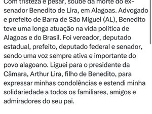 ‘Voz importante do povo alagoano’, diz Lula sobre morte de Biu de Lira