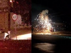 [Vídeo] Batida provoca apagão, explosão e deixa poste prestes a cair na Av. Menino Marcelo
