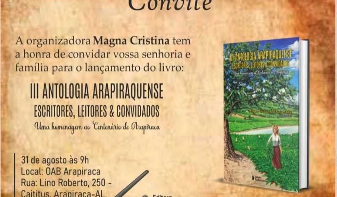 Lançamento do livro “III Antologia Arapiraquense” acontece no sábado (31)