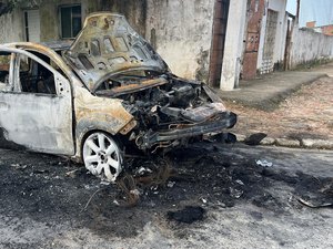 [Vídeo] Carro colide com poste, pega fogo e é destruído pelas chamas no Petrópolis