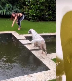 Anitta fica assustada ao encontrar iguana na piscina da casa de Miami