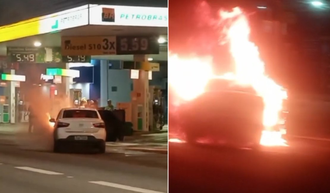 [Vídeo] Carro pega fogo na Avenida Fernandes Lima, próximo a posto de combustíveis, em Maceió
