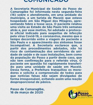 Prefeitura do Passo de Camaragibe emite comunicado sobre suspeita de coronavírus