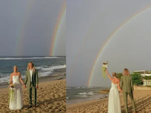 Noivos são surpreendidos por arco-íris duplo após forte tempestade