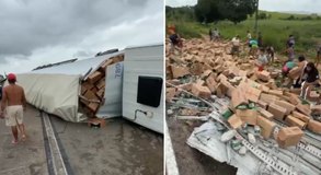 [Vídeo] Carreta tomba na BR-101, em Junqueiro, e carga é totalmente saqueada por populares