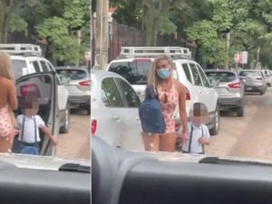 Mulher é criticada por levar filho à escola com roupa de academia