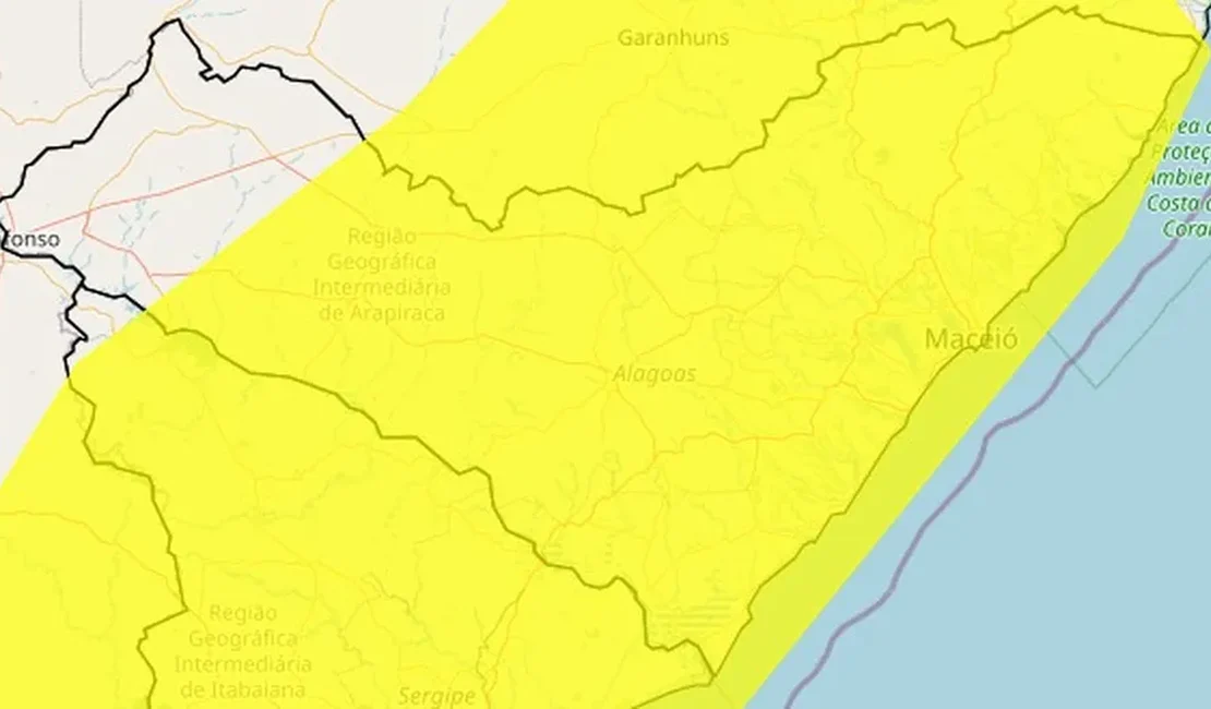 Inmet emite alerta  amarelo  de potencial perigo de chuvas para 10 municípios alagoanos