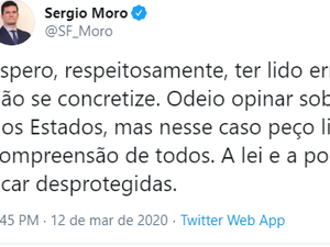 No Twitter, Sérgio Moro critica a extinção do GAECO em Alagoas