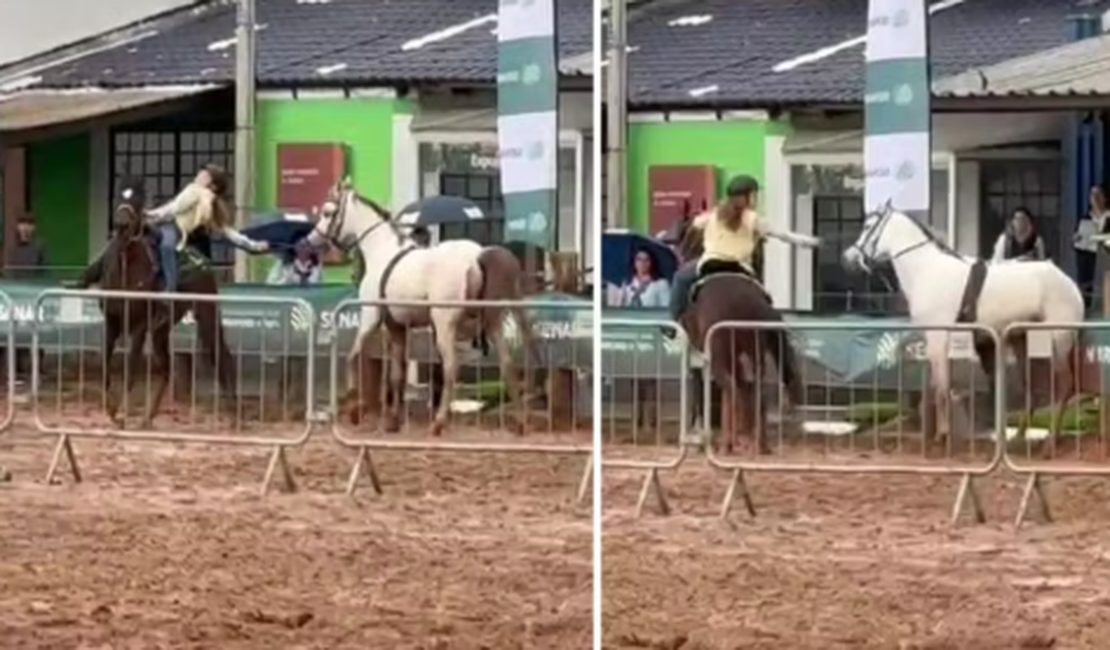 Cavalo fica descontrolado em evento e é travado por menina de 12 anos