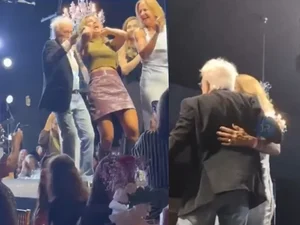 Moacyr Franco beija mulher na boca e puxa cabelo de fã em evento