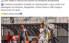 Em rede social Arouca anunciou a contratação 