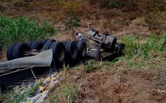 Imagens do acidente mostram o caminhão capotado em uma área de mata