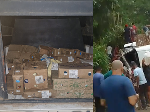 Após saque a caminhão tombado, polícia recupera carga de laticínios e conduz suspeitos à delegacia