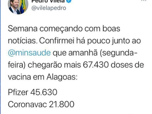 Deputado Pedro Vilela, anuncia nas redes sociais, chegada de mais vacinais em Alagoas