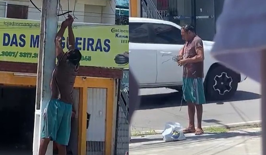 Homem é flagrado furtando fios de poste em plena luz do dia no bairro de Jatiúca