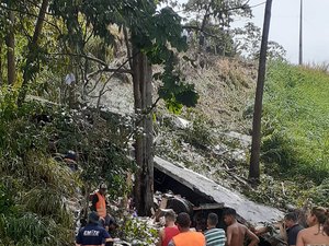Homem fica preso às ferragens após capotamento de caminhão em São José da Laje