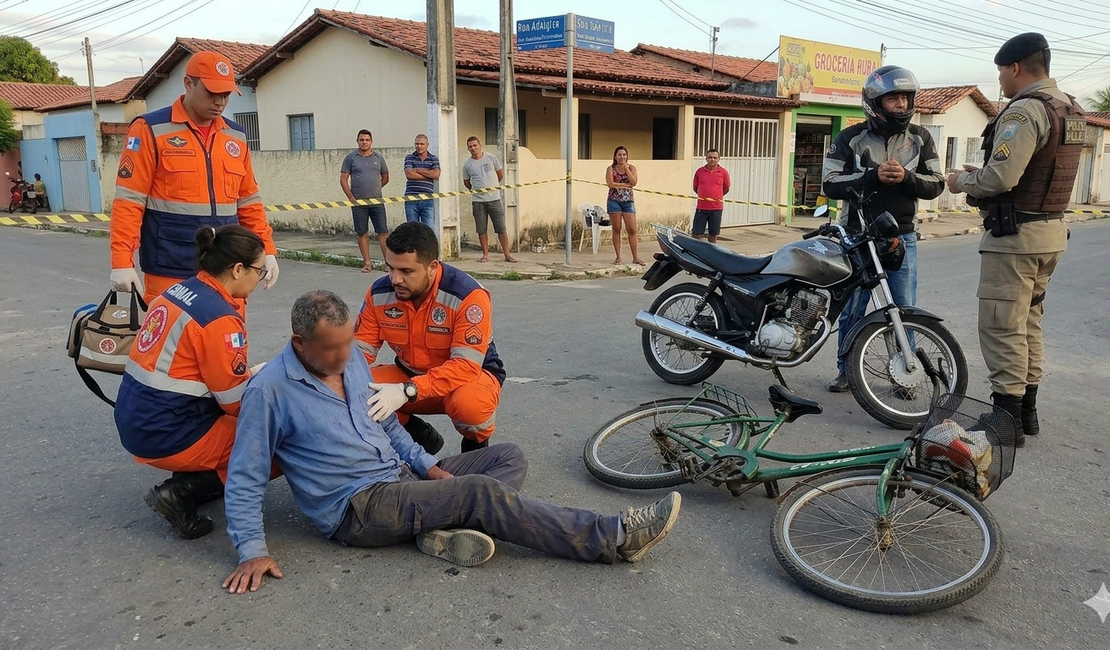 Colisão entre moto e bicicleta deixa idoso ferido no bairro São Luiz II, em Arapiraca